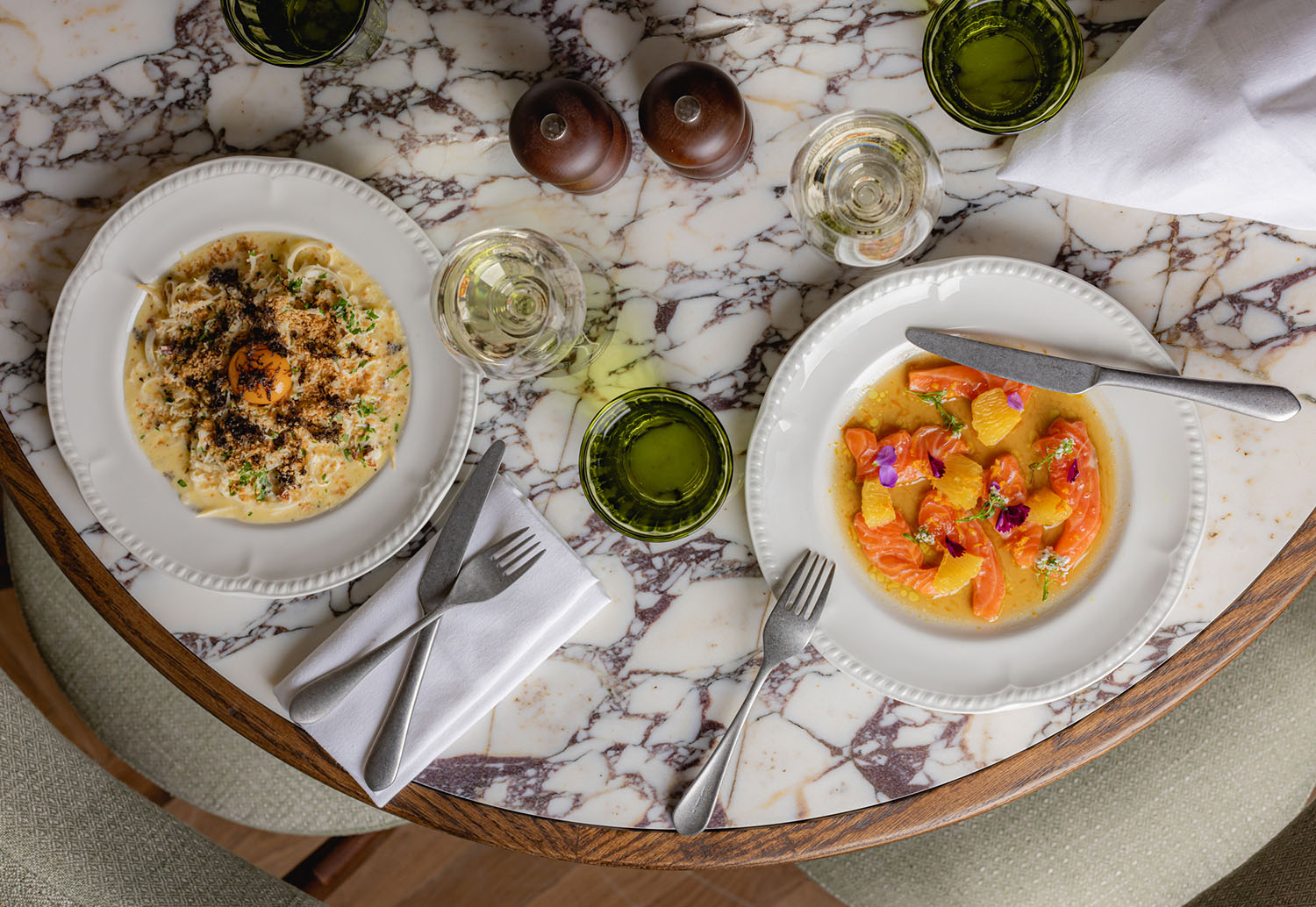 Mortimer House Kitchen Salmon and Carbonara Dish Flatlay, Italian Restaurant