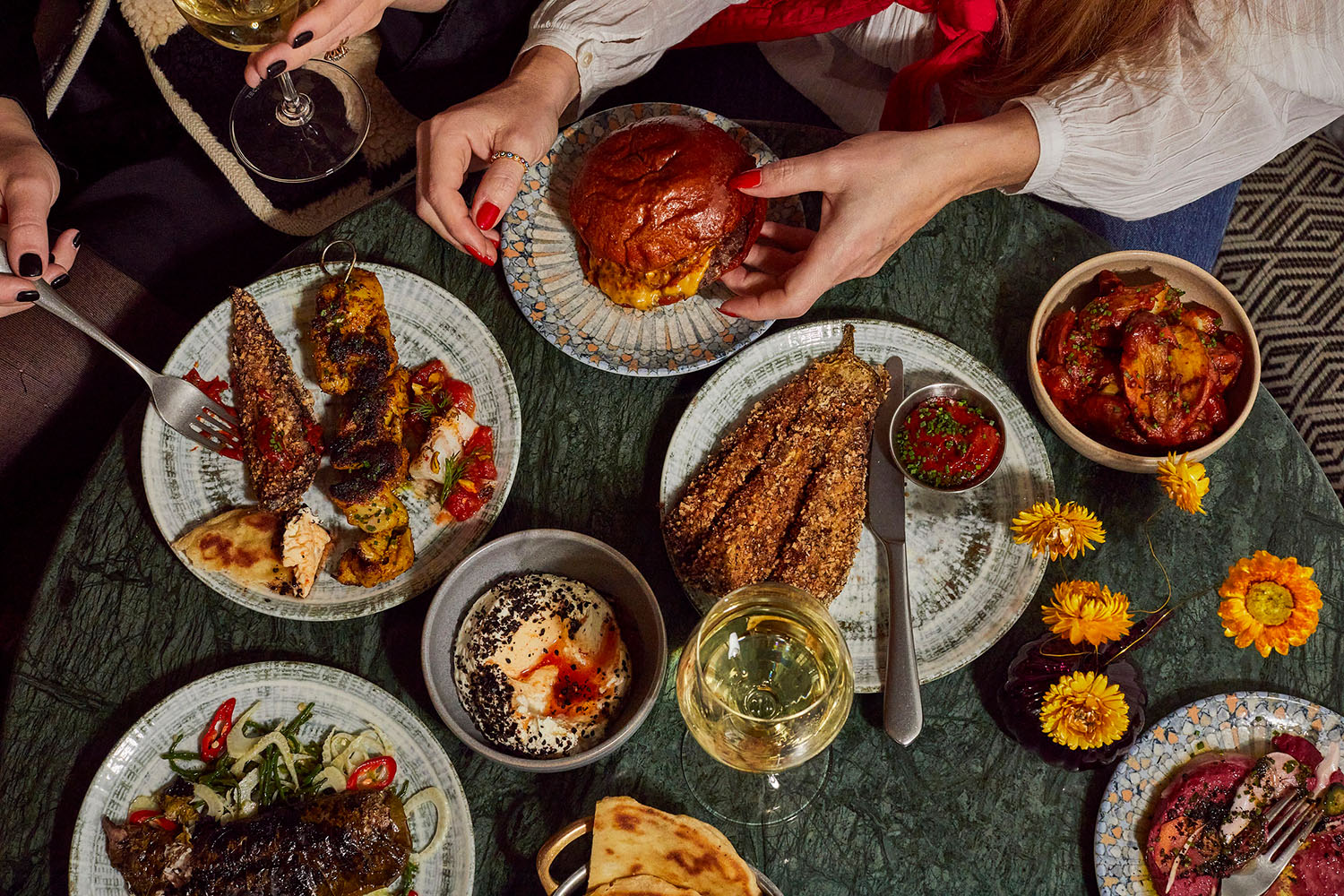 Flat-lay of Group Dining at Nessa Restaurant, 1 Warwick Soho