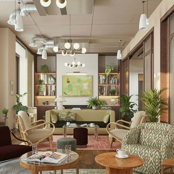 The Den Members' Lounge at Maslow's Kensignton Maslow's Kensignton Office With View | Interior Mehrai Design | CGI Spectra Studios