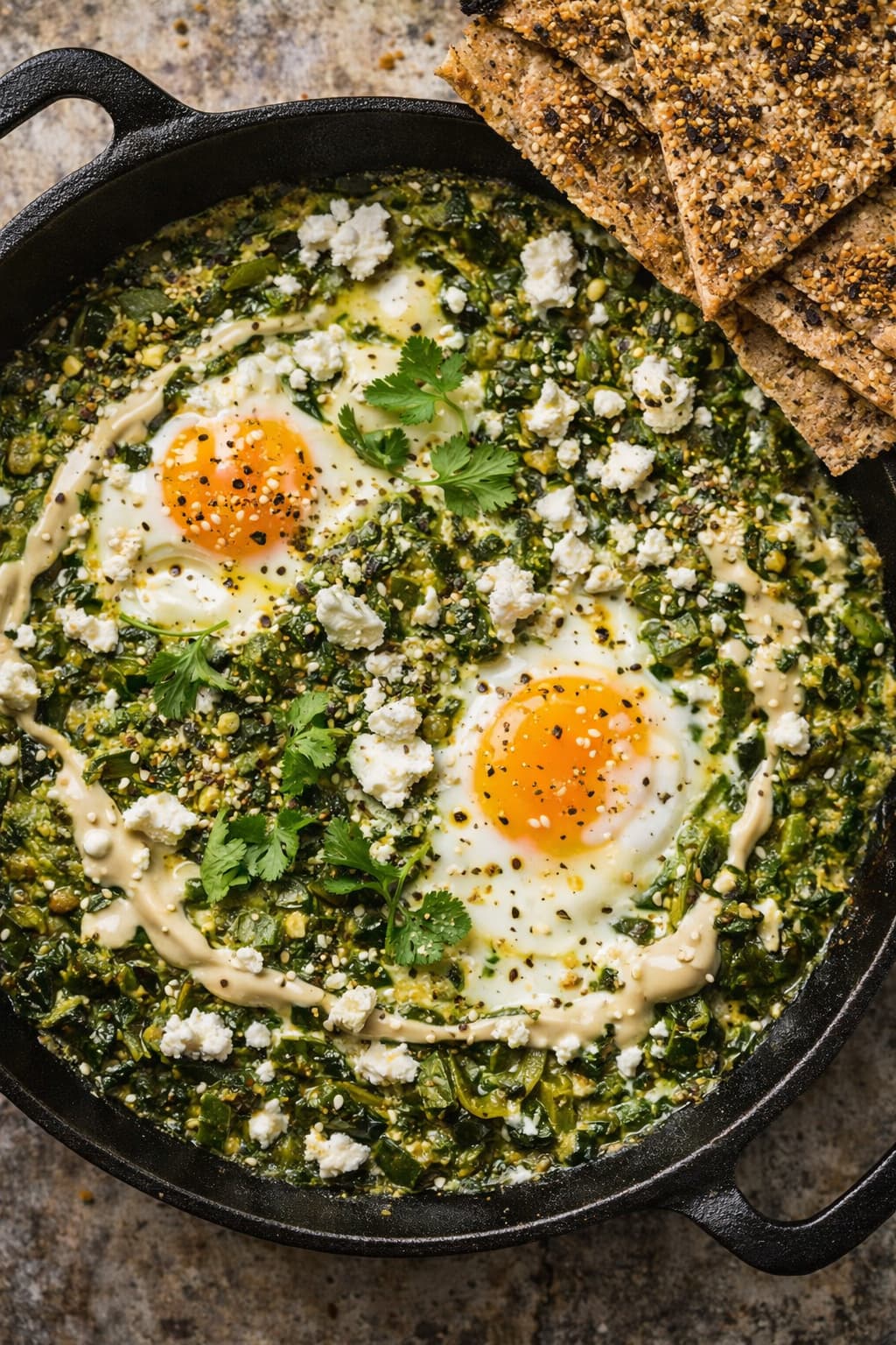 Green Shakshuka Served in a Cast Iron Skillet
