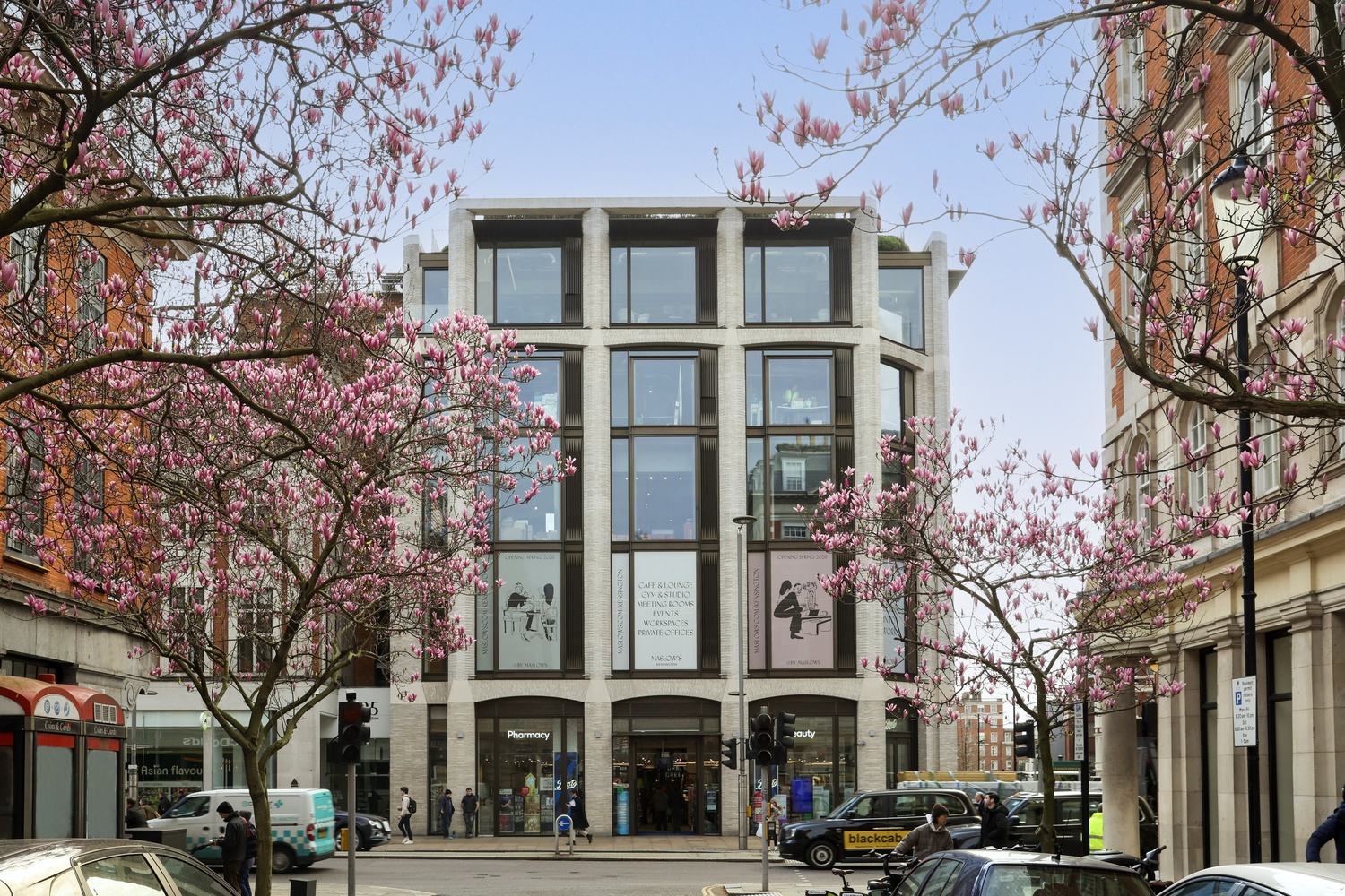 Maslow's Kensington Facade with Spring Blossoms