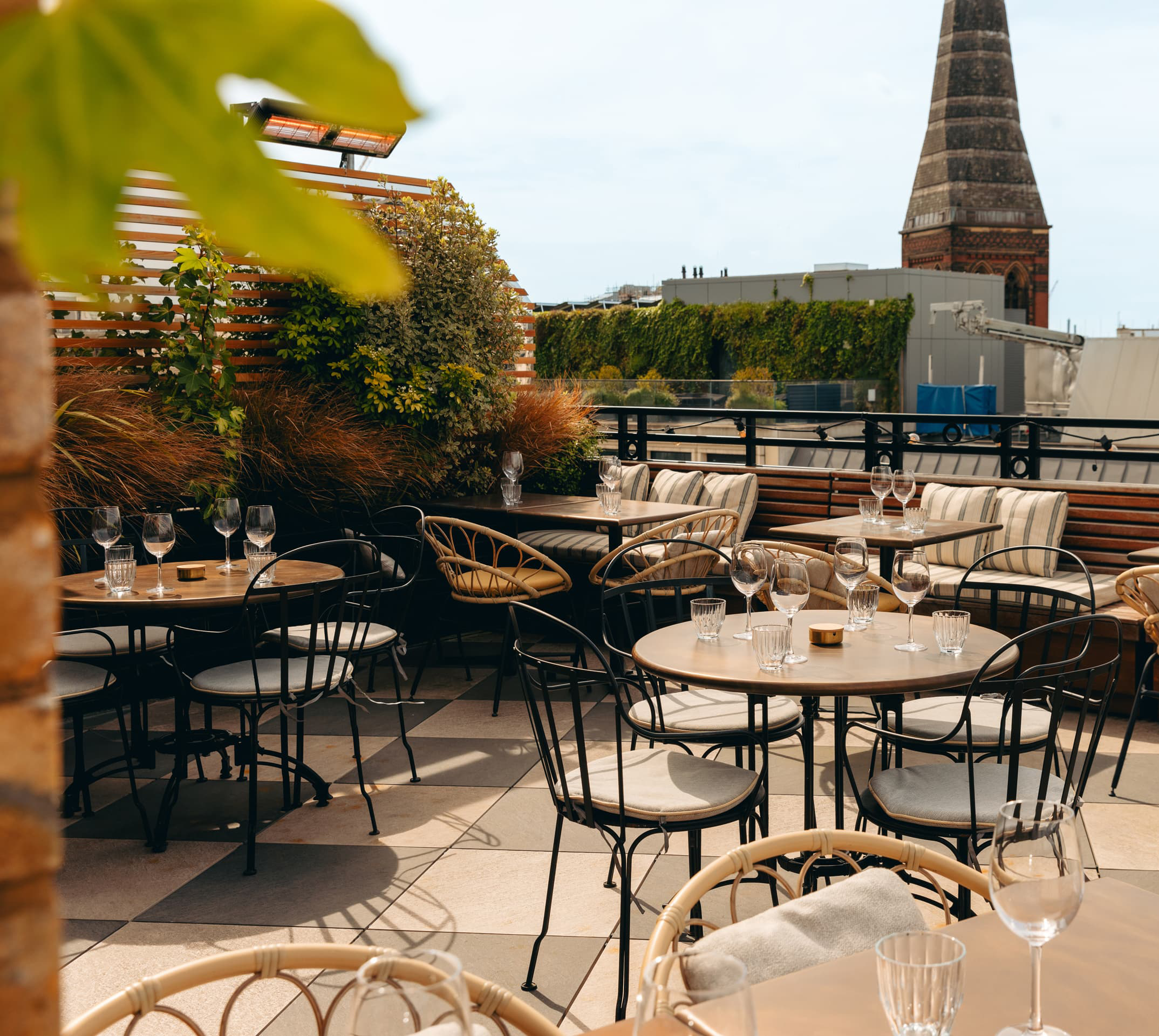 Rooftop terrace at Mortimer House in Fitzrovia, London, available for wedding reception drinks, cocktail hours and private celebrations.